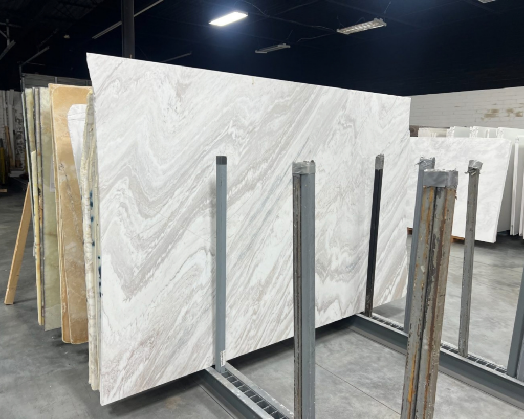 Fusion White Slabs on a Rack