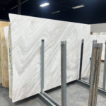 Fusion White Slabs on a Rack